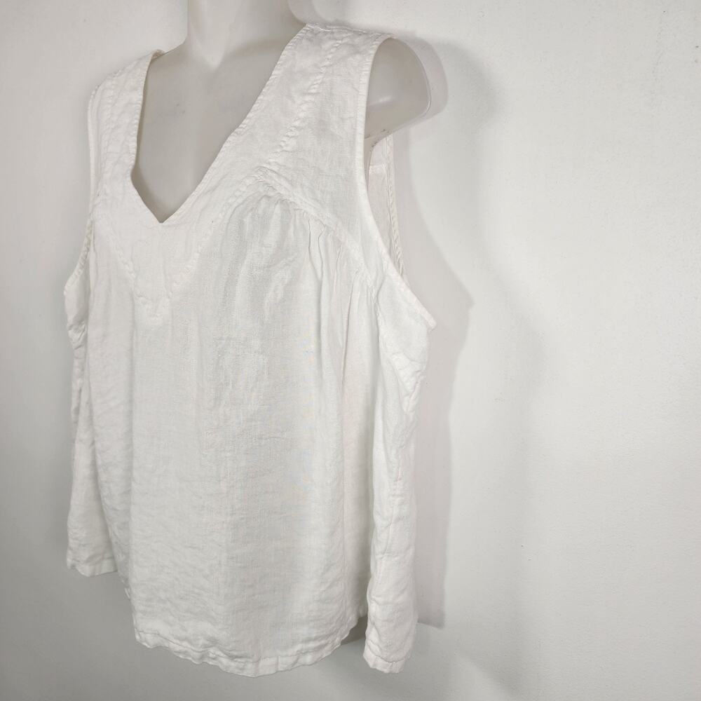 Lands' End Women's Sleeveless 100% Linen Top XL 18 White V Neck Gathered Yoke - Picture 5 of 9